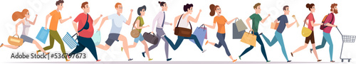 Running buyers. Casual clothes persons male and female running with shopping carts and packages products for fast purchase exact vector concept of sales and market