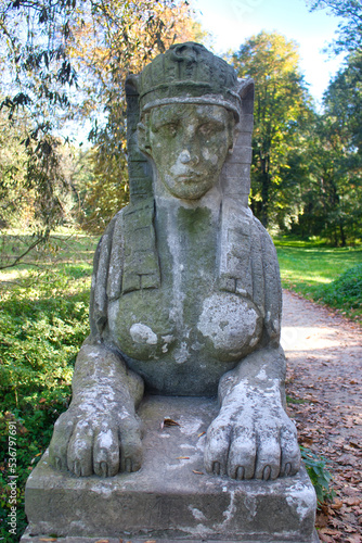 Detail of sphinx face statue. Veltrusy chateau. Czech Republic.  