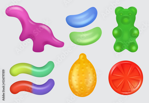 Jelly sweets. Delicious colored transparent snacks gummy bear eating candies decent vector realistic templates