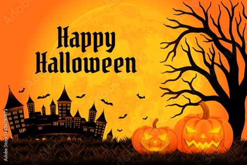 Halloween background template with castle, tree, pumpkin and moon vector, happy halloween backdrop for sale promotion, banner, poster, social media, feed, invitation, event, wallpaper in orange color