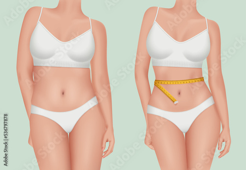 Female weight. Different body type of womans visualization stages after and before lose weight. Decent vector healthy sport lifestyle concept realistic illustrations