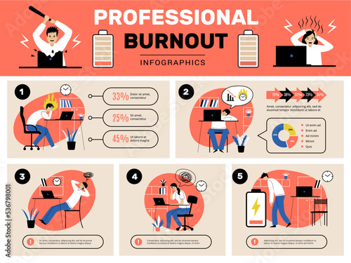 Burnout infographic template. Busy managers tired workers overload daily office routine stressed lifestyle recent vector illustrations
