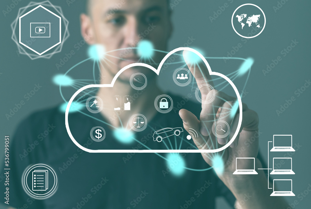 businessman using modern computer, pressing button on virtual screen. cloud technology and networking concept. businessman using modern computer, pressing button on virtual screen. cloud technology and networking concept.
