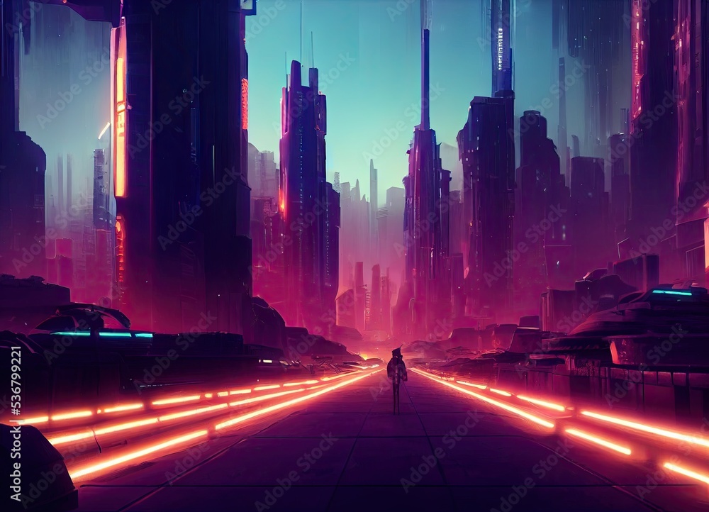 Cyberpunk City landscape with a sunset, Ai Generated Cyberpunk Wallpaper/ Background, Stock Illustration