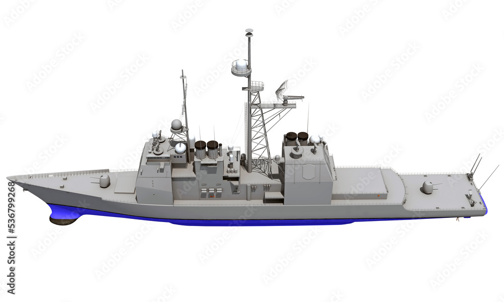 Military Vessel Missile Cruiser warship 3D rendering on white background Military Vessel Missile Cruiser warship 3D rendering on white background