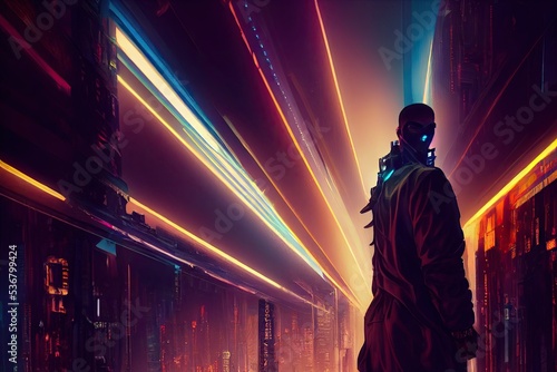 Cyberpunk robot man wearing a cloak in the night metropolis. Neon and ultraviolet moving lights in the distance photo