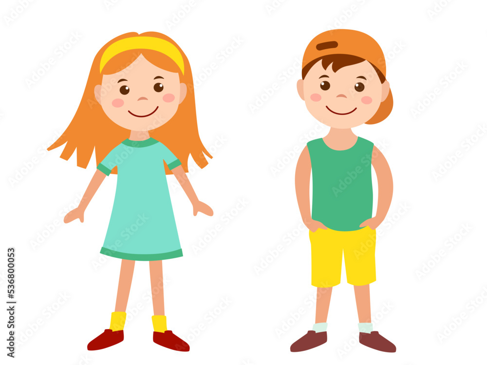 Vector boy and girl, cartoon flat illustration of children, isolated clipart with little kids, smiling happy children on white background