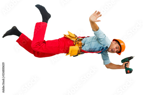 Construction site worker flies on white background