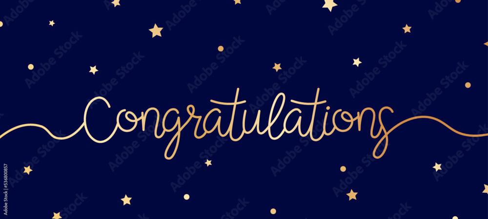 Fototapeta premium Golden congratulations line lettering banner. Text congrats and stars. Vector handwritten element for anniversary, birthday party, christmas new year, graduate cards