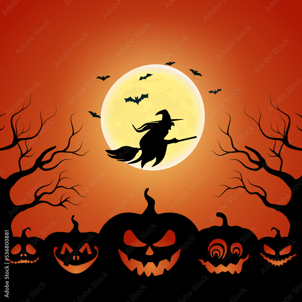 Halloween scary pumpkin, Bat and a witch flying at Spooky full moon Nighttime. Scary Halloween isolated background. Orange and yellow background.