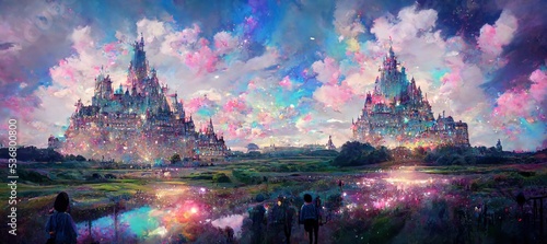 Fantasy Castle and cotton candy cloud. fantasy. concept art. illustration. fantasy scenery
