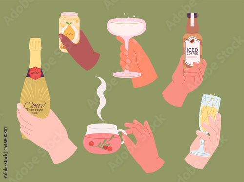 Hands holding different drinks. Bottle champagne in hand, glasses sparkle wine, lemonade in can and iced coffee. Party beverages vector set