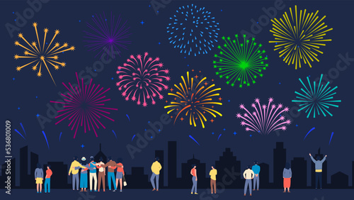 People crowd looking firework in night city. Festive time, anniversary or big party in town. Friends, couples and single person walk at evening downtown vector scene