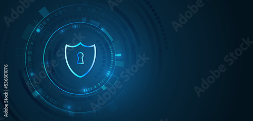 Shield icon, future technology for verification. Abstract high tech background. Data security system, information, or network protection. Cyber security and data protection.