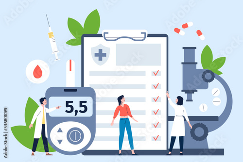 Diabetes mellitus medical concept with equipment, sugar blood test and cartoon flat doctors with patient. Diabetic check up, recent disease prevention vector scene