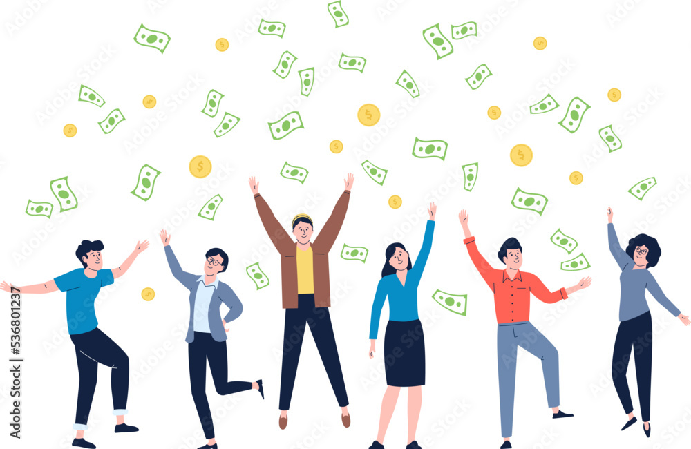 Team celebrating victory under money rain. Joyful business unity, happy winner people group. Celebration corporate win, falling coins recent vector characters Team celebrating victory under money rain. Joyful business unity, happy winner people group. Celebration corporate win, falling coins recent vector characters