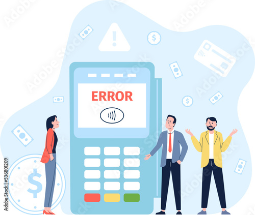Payment error card reject. Electronic pay failure, mobile banking transaction problem. Credit debit cards not work, person and money recent vector scene