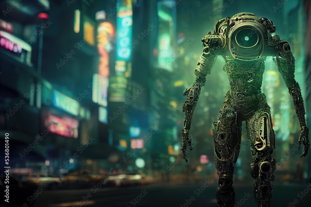 A cyberpunk robot with a glowing eye stands majestically against the neon-lit metropolis at night A cyberpunk robot with a glowing eye stands majestically against the neon-lit metropolis at night