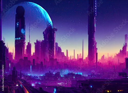 Cyberpunk night city landscape. Planet in the night sky of stars ultraviolet neon light
