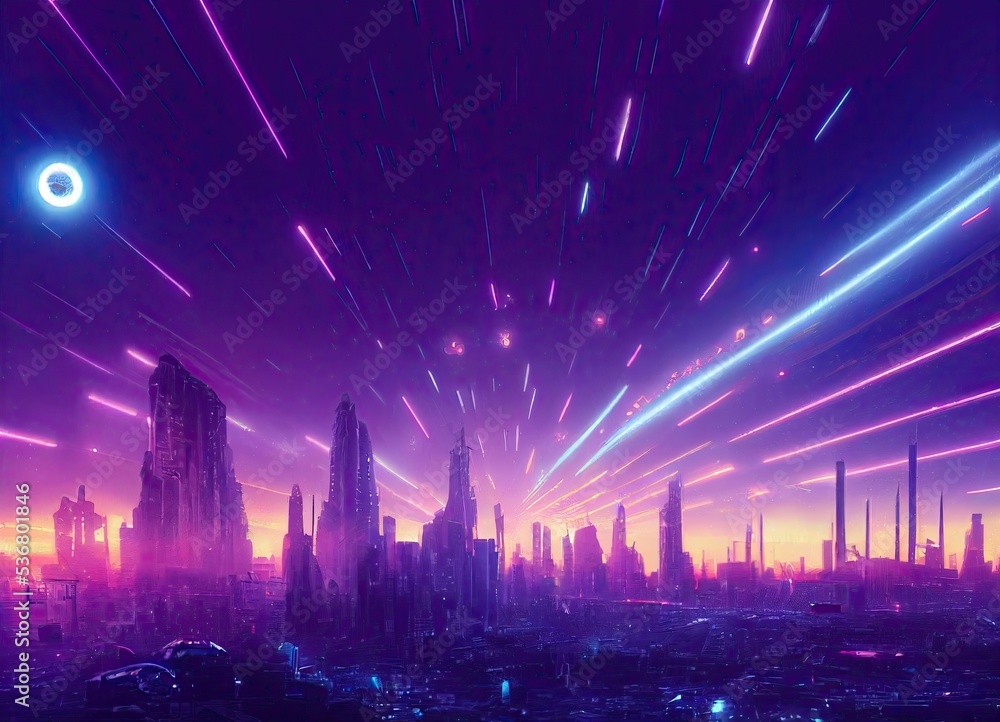  Night cyberpunk city background. Neon light illuminates the skyscrapers. Starry ultraviolet sky.