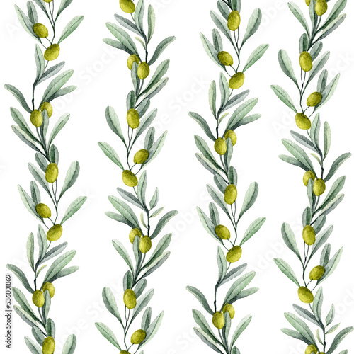 Seamless pattern with Olive branch and green fruit. Watercolor hand drawn background for textile design or Oil label