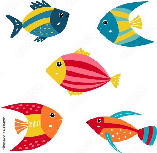 Cute cartoon aquarium fish. Set of tropical marine fishes. Baby kids collection