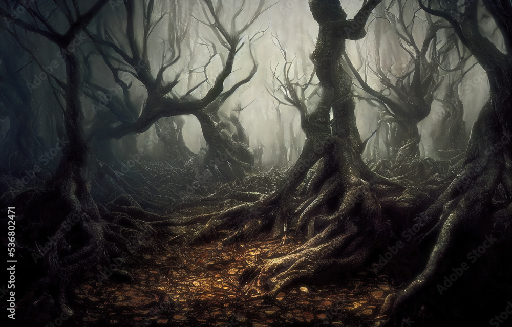 Evil crooked trees deep in fantasy forest with twisted roots and bare branches, foggy eerie landscape, 3D digital illustratio - obrazy, fototapety, plakaty 
