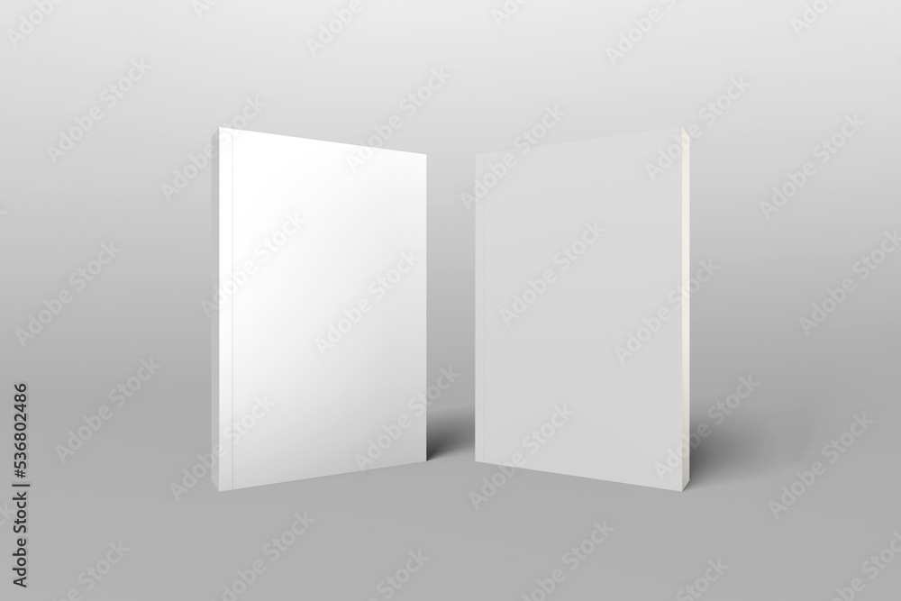 isolated on gray background. 2 vertical standing white cover book mockup. isolated on gray background. 2 vertical standing white cover book mockup.