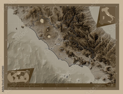 Lazio, Italy. Sepia. Labelled points of cities