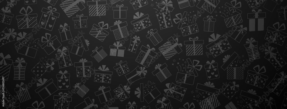 Background of gift boxes with bows and different patterns, in red colors