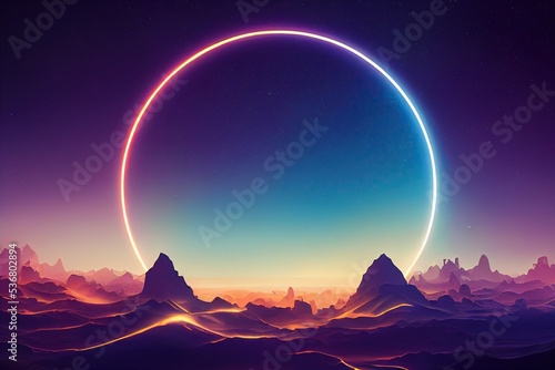 Metaversal vivid pyramids in a desert landscape with glowing neon moon in the sky