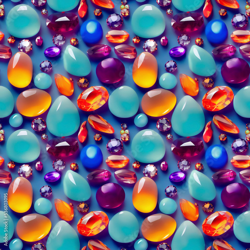 Colorful gemstones seamless pattern, mix of different shapes and colors, precious gems, bright and shiny stones, 3d illustration