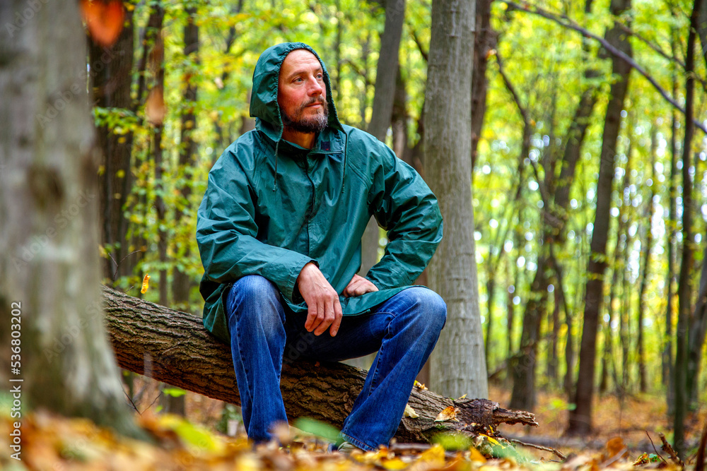 Bearded man with yellow maple leaf in autumn in the forest. Portrait of a man in the autumn forest. The bearded man stands, sits, walks in the autumn forest. The concept of nature, parks, recreation. Bearded man with yellow maple leaf in autumn in the forest. Portrait of a man in the autumn forest. The bearded man stands, sits, walks in the autumn forest. The concept of nature, parks, recreation.