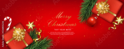 Merry Christmas composition 3D realistic pine fir tree branches gift box with golden ribbon candy cane and decoration ball star ornaments