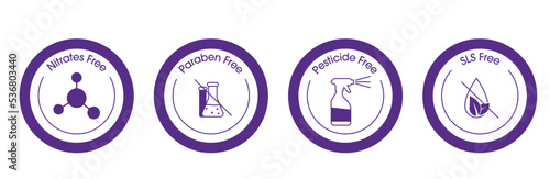 nitrates free, paraben free, pesticides free, sls free icon set vector illustration 