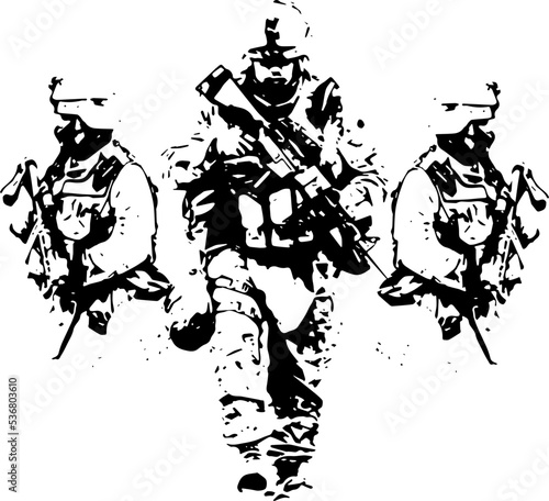 Black and White Army Art Ilustration, standing with complete uniform