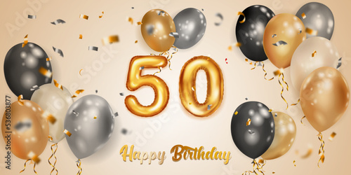 Festive birthday illustration with white, black and gold helium balloons, big number 50 golden foil balloon, flying shiny pieces of serpentine and inscription Happy Birthday on light background