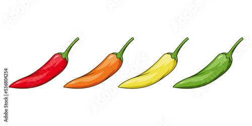 Chilli pepper vector set isolated on white background. Red, Orange,yellow and green.