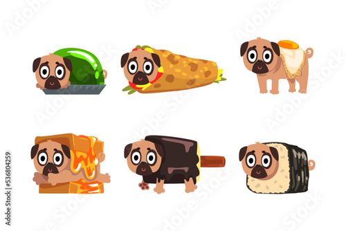 Cute Funny Pug Dog Character in Fast Food Ingredient Costume Vector Set