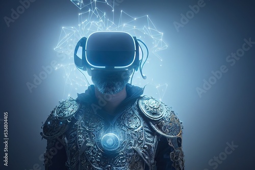 Portrait of cyber wizard in armor wears science fiction virtual reality glasses on blue glowing neon background