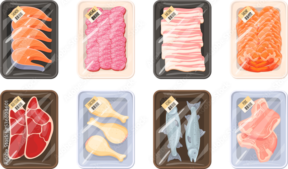 Supermarket meat package. Packed fish or frozen beef in polyethylene plastic container storage store food, beef bacon pork sausage vacuum tray butchery product, vector illustration Supermarket meat package. Packed fish or frozen beef in polyethylene plastic container storage store food, beef bacon pork sausage vacuum tray butchery product, vector illustration