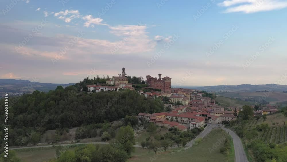 Panoramic drone video over Castello Cereseto in Piedmont from vineyard Panoramic drone video over Castello Cereseto in Piedmont from vineyard