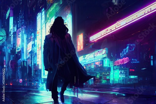 Robot boy dressed in a cloak in a nighttime city. Dynamic neon and ultraviolet lights in the background