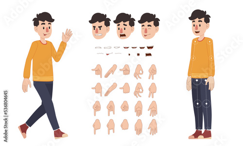 Cartoon flat funny boy character in orange long sleeve shirt. face expressions, eyes, brows, mouth and hands.