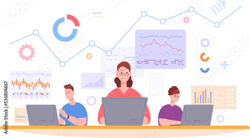 Data analysts team. Analytics computer work, audit report operations software architect engineers statistic scientists online research business team management vector illustration