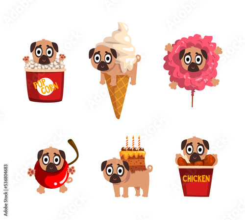 Cute Funny Pug Dog Character in Fast Food Ingredient Costume Vector Set
