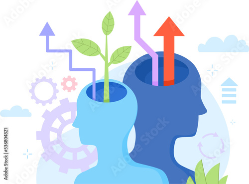 Improvement mind level. Human mental wellbeing health, confident mentor expand knowledge gears self value better faster thinking fulfillment head learn balance vector illustration