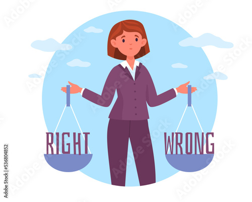 Decision making process, right or wrong choice between two options, honesty and moral principle. Woman hold scales, solving problem, positive and negative, truth and lies, vector concept