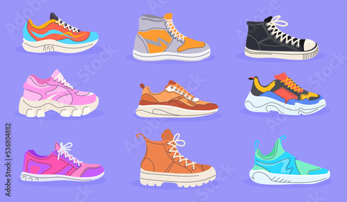 Cartoon athletic footwears. Doodle sneakers shoelaces design, sport boots for run trekking hiking fitness gym jogging fashion bright shoes activewear pair, neat vector illustration