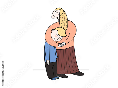 The mother is proud of her son despite the opinions of people and hugs the boy, protecting him. Flat graphic vector illustration isolated on white background.